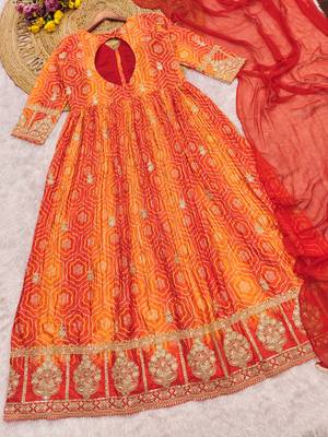 Orange silk blend embroidered coding anarkali suit 3