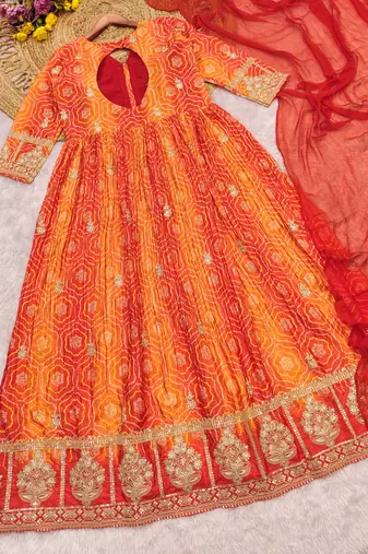 Orange silk blend embroidered coding anarkali suit
