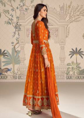 Orange silk blend embroidered coding anarkali suit 4