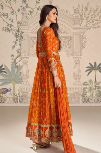 Orange silk blend embroidered coding anarkali suit