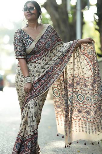 New Fancy Semi Model Silk Ultra Soft With ajarakh Print And Real Mirror work Saree For Women's