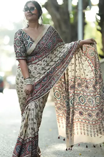 New Fancy Semi Model Silk Ultra Soft With ajarakh Print And Real Mirror work Saree For Women's