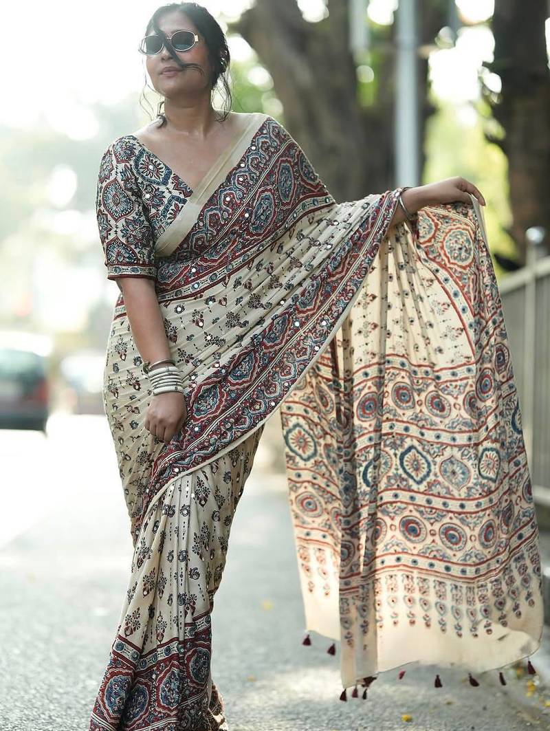 New Fancy Semi Model Silk Ultra Soft With ajarakh Print And Real Mirror work Saree For Women's