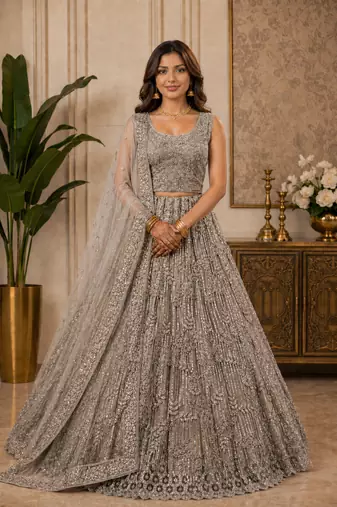 Golden Embroidery Dori With Sequin And Zircon Net Lehanga Choli