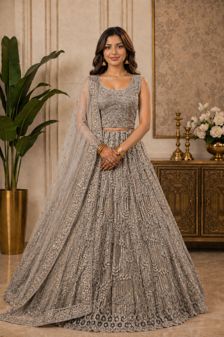 Golden Embroidery Dori With Sequin And Zircon Net Lehanga Choli