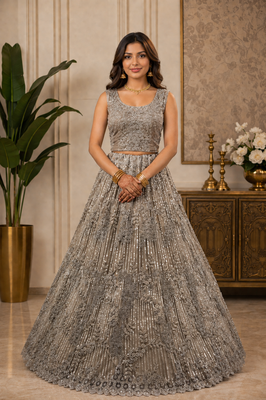 Golden Color Embroidery,Dori With Sequince And Zircon Diamond Work Net Lehanga Choli 2