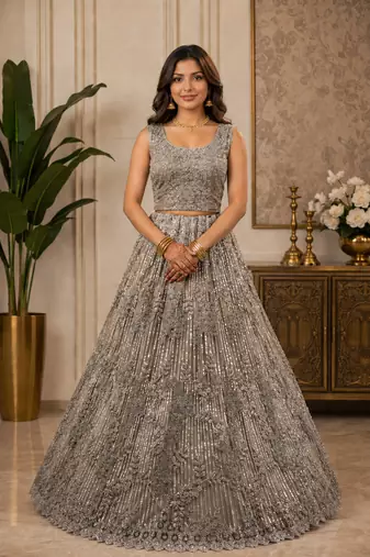 Golden Color Embroidery,Dori With Sequince And Zircon Diamond Work Net Lehanga Choli