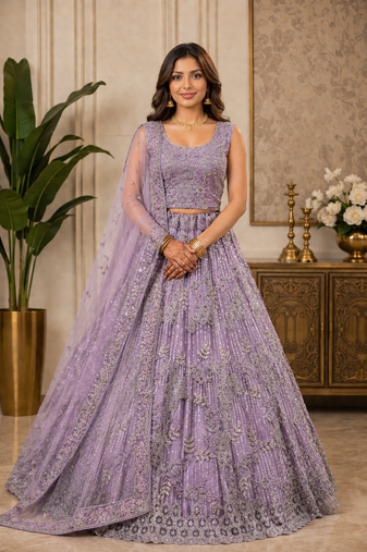 Lavender Embroidery Dori With Sequin And Zircon Net Lehanga Choli