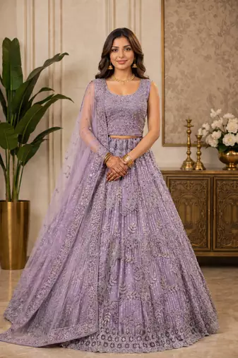 Lavender Embroidery Dori With Sequin And Zircon Net Lehanga Choli