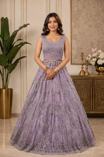 Lavender Color Embroidery,Dori With Sequince And Zircon Diamond Work Net Lehanga Choli