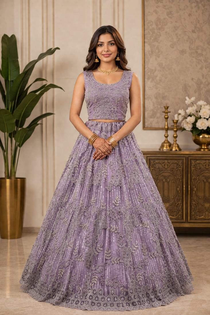 Lavender Embroidery Dori With Sequin And Zircon Net Lehanga Choli