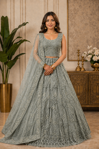 Light Green Embroidery Dori With Sequin And Zircon Net Lehanga Choli