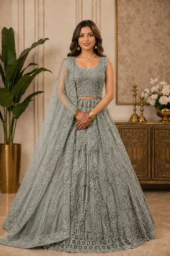 Light Green Embroidery Dori With Sequin And Zircon Net Lehanga Choli