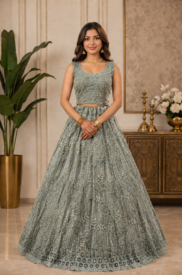 Light Green Color Embroidery,Dori With Sequince And Zircon Diamond Work Net Lehanga Choli 2