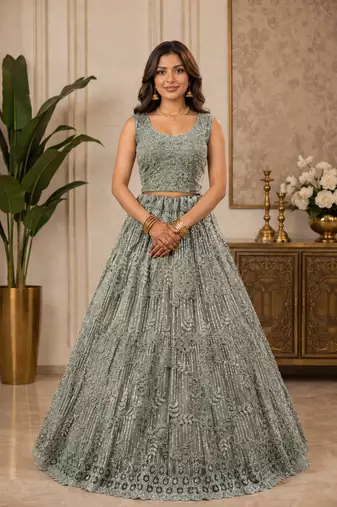 Light Green Color Embroidery,Dori With Sequince And Zircon Diamond Work Net Lehanga Choli