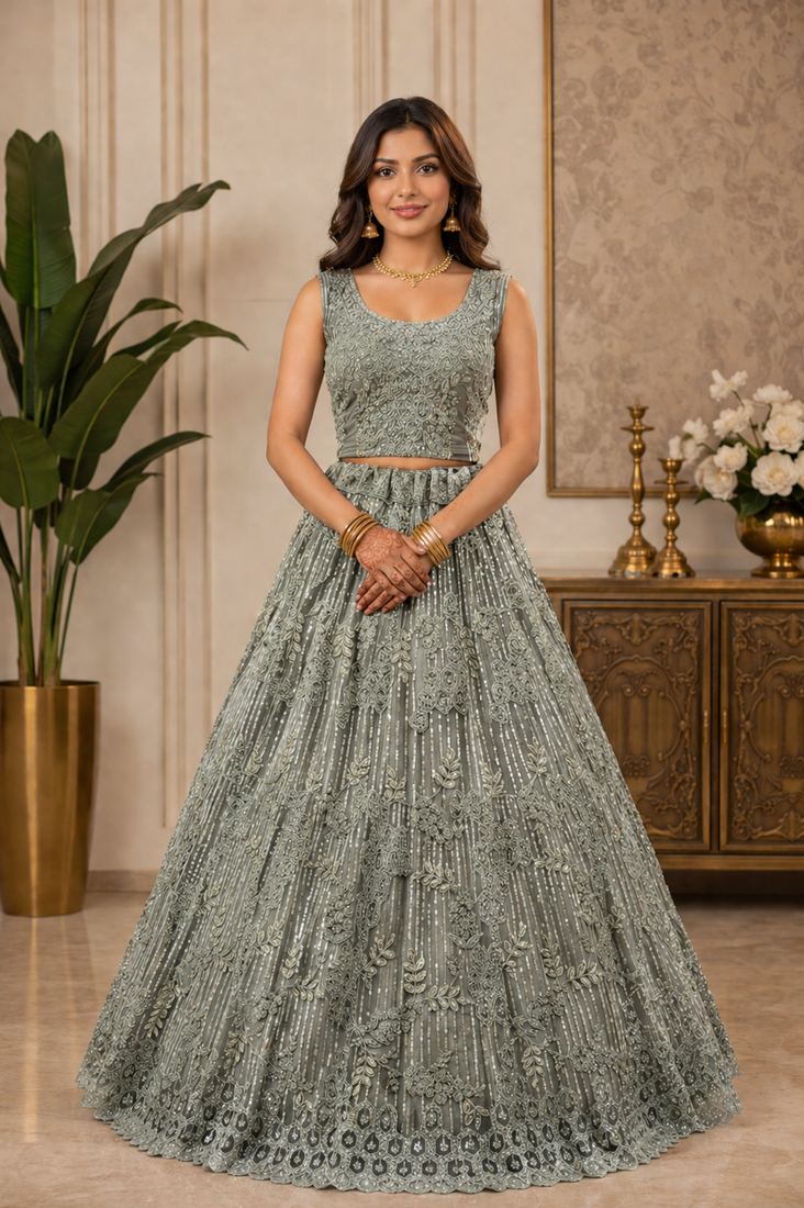 Light Green Embroidery Dori With Sequin And Zircon Net Lehanga Choli