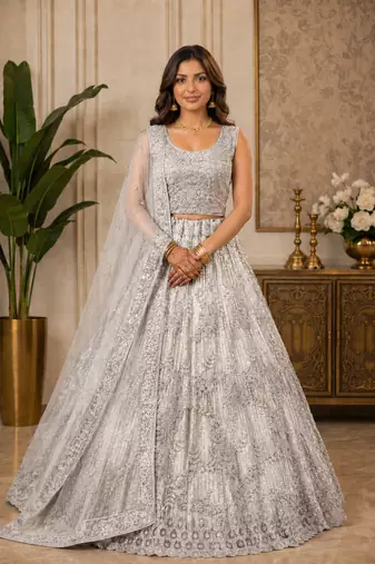 White Embroidery Dori With Sequin And Zircon Net Lehanga Choli