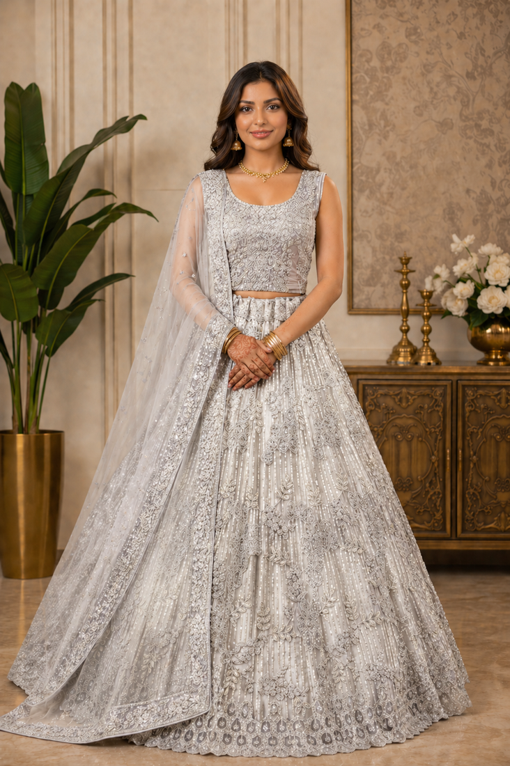 White Embroidery Dori With Sequin And Zircon Net Lehanga Choli
