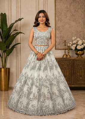White Color Embroidery,Dori With Sequince And Zircon Diamond Work Net Lehanga Choli 2