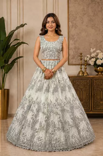 White Color Embroidery,Dori With Sequince And Zircon Diamond Work Net Lehanga Choli