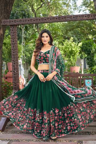 New Designer Soft Georgette Fabric Green Color Printed Lehenga Choli With Dupatta Set For Women's