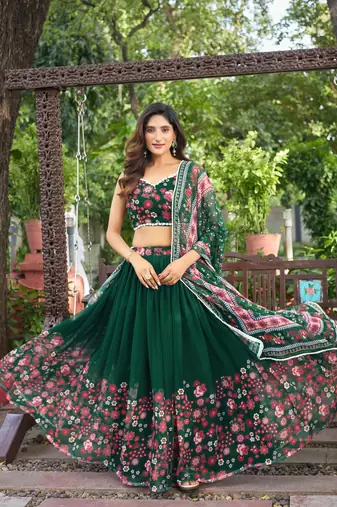 New Designer Soft Georgette Fabric Green Color Printed Lehenga Choli With Dupatta Set For Women's