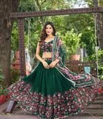 New Designer Soft Georgette Fabric Green Color Printed Lehenga Choli With Dupatta Set For Women's