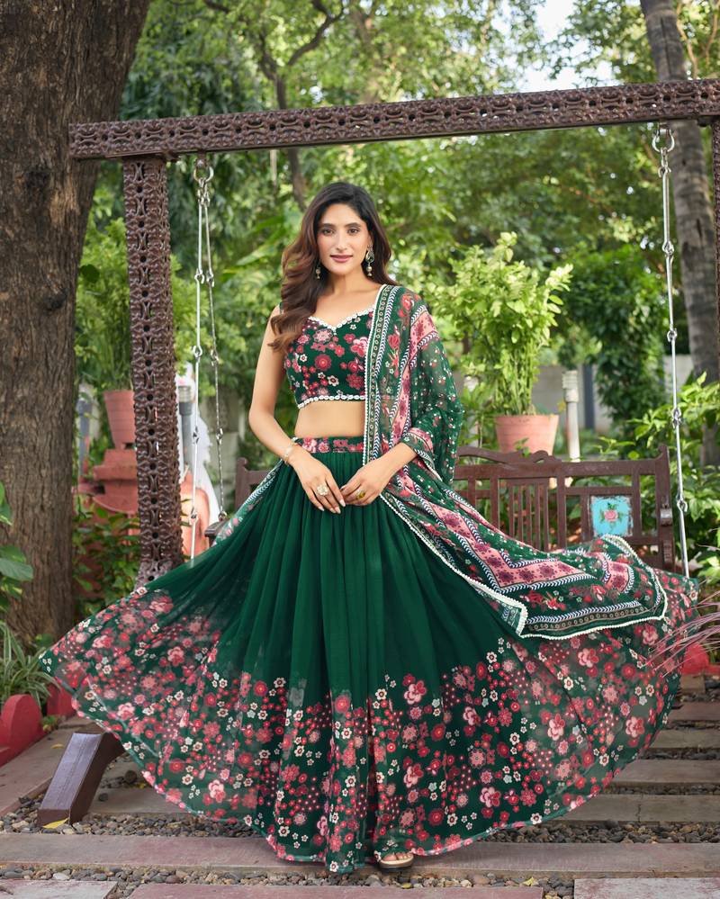 New Designer Soft Georgette Fabric Green Color Printed Lehenga Choli With Dupatta Set For Women's