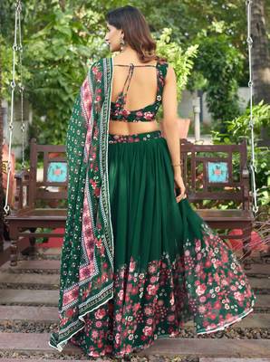 New Designer Soft Georgette Fabric Green Color Printed Lehenga Choli With Dupatta Set For Women's 2