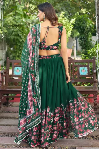 New Designer Soft Georgette Fabric Green Color Printed Lehenga Choli With Dupatta Set For Women's
