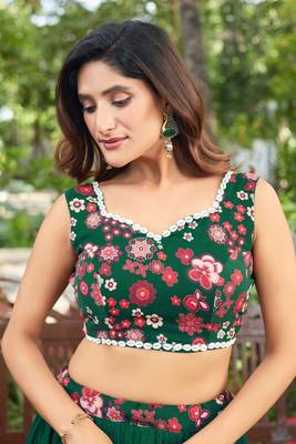 New Designer Soft Georgette Fabric Green Color Printed Lehenga Choli With Dupatta Set For Women's 3