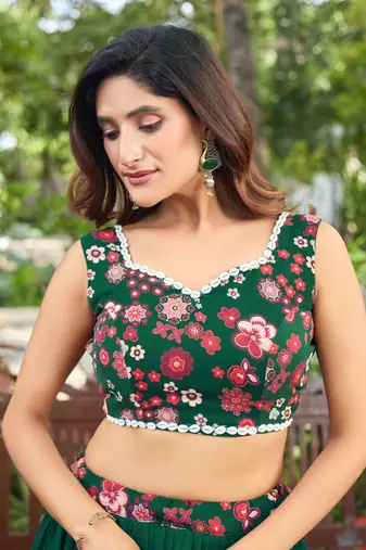 New Designer Soft Georgette Fabric Green Color Printed Lehenga Choli With Dupatta Set For Women's
