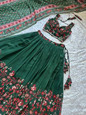 New Designer Soft Georgette Fabric Green Color Printed Lehenga Choli With Dupatta Set For Women's 4