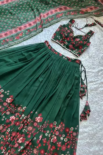 New Designer Soft Georgette Fabric Green Color Printed Lehenga Choli With Dupatta Set For Women's