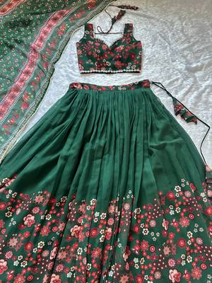 New Designer Soft Georgette Fabric Green Color Printed Lehenga Choli With Dupatta Set For Women's 5