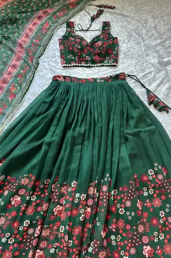 New Designer Soft Georgette Fabric Green Color Printed Lehenga Choli With Dupatta Set For Women's