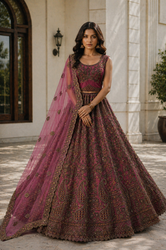 Pink Embroidered Net Lehanga Choli