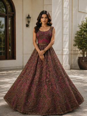 Pink Color Fancy Chapat Zari With Multi Thread Embroidery,Dori-Sequince And Zircon Diamond Work Bridal Net Lehanga Choli 2