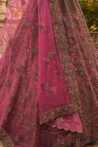 Pink Color Fancy Chapat Zari With Multi Thread Embroidery,Dori-Sequince And Zircon Diamond Work Bridal Net Lehanga Choli