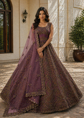 Wine Color Fancy Chapat Zari With Multi Thread Embroidery,Dori-Sequince And Zircon Diamond Work Bridal Net Lehanga Choli 1