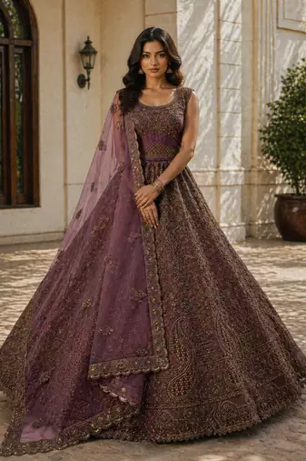 Wine Fancy Multi Thread Embroidery Dori-Sequin And Zircon Bridal Net Lehanga Choli