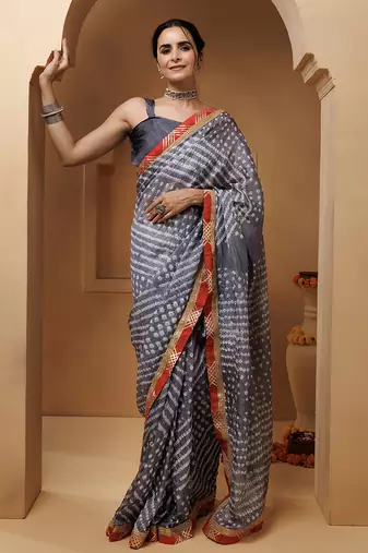 grey handcrafted bandhani pre-stitched silk saree
