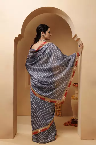 grey handcrafted bandhani pre-stitched silk saree