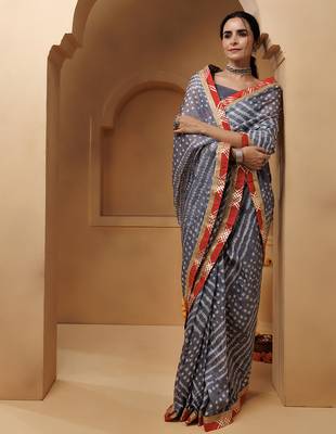 grey handcrafted bandhani pre-stitched silk saree 3