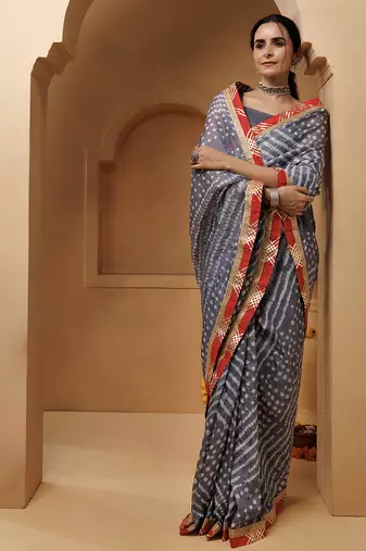 grey handcrafted bandhani pre-stitched silk saree