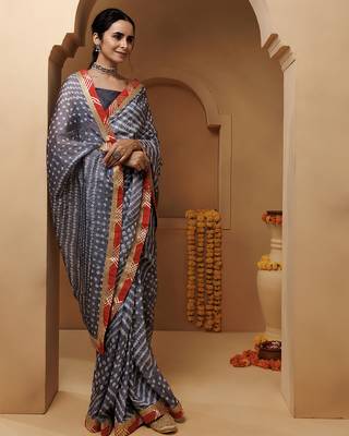 grey handcrafted bandhani pre-stitched silk saree 4