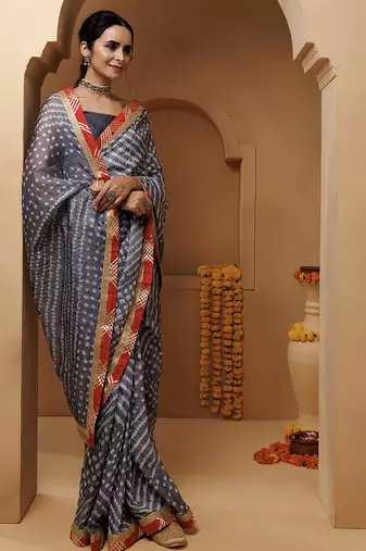 grey handcrafted bandhani pre-stitched silk saree