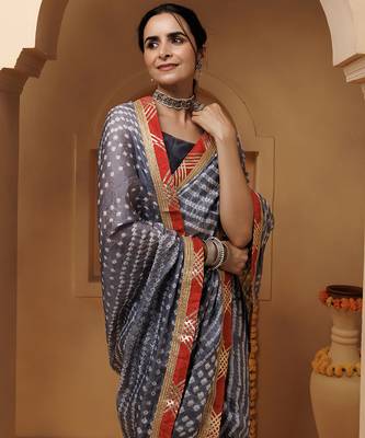 grey handcrafted bandhani pre-stitched silk saree 5
