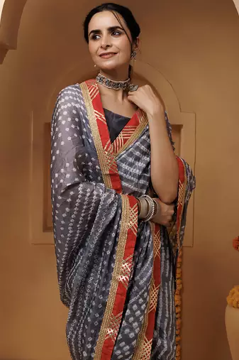 grey handcrafted bandhani pre-stitched silk saree