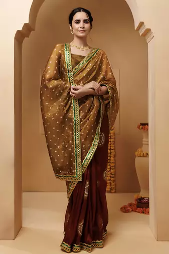 brown-maroon hnadcrafted bandhani pre-stitched silk saree